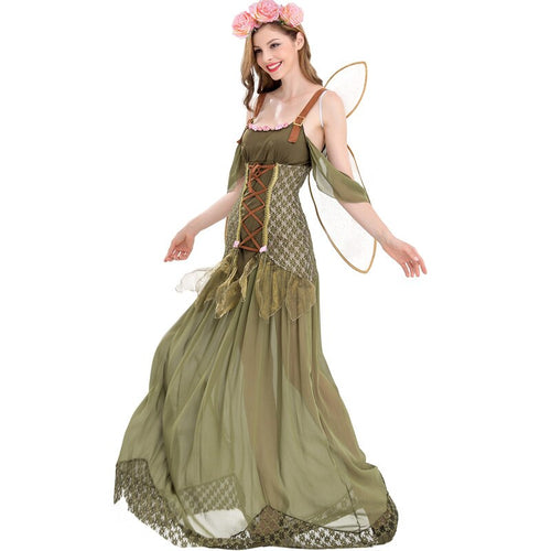 Green Forest Flower Fairy Long Dress